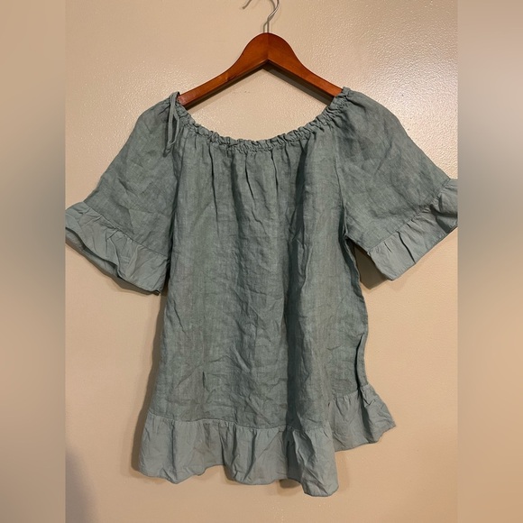 Terzo Millennio Women's Green Ruffle Top Off Shoulder Pure Linen Italy L NWT - Picture 4 of 10